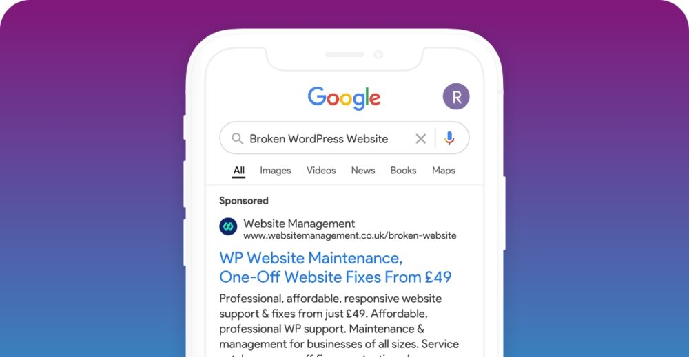 google search ad results on a mobile phone screen