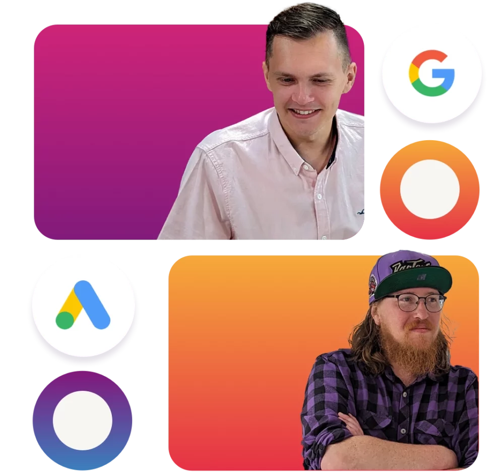 2 images of The PPC People team surrounded by Google Partner logos
